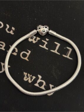 Sterling-Style Heart Paw Print Snake Chain Bracelet in Silver